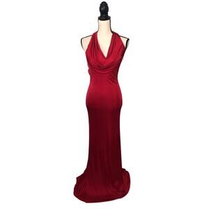 Kurt Thomas Red Cowl Neck Slinky Halter Gown Size 2 Beaded Open Back Maxi Dress